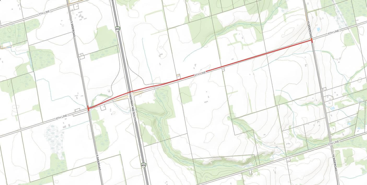 Map of the 6th Line closure from 5th Sideroad to 10th Sideroad