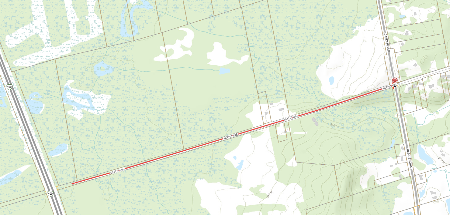 Road closure map of 14th Line from 10th Sideroad to the dead end