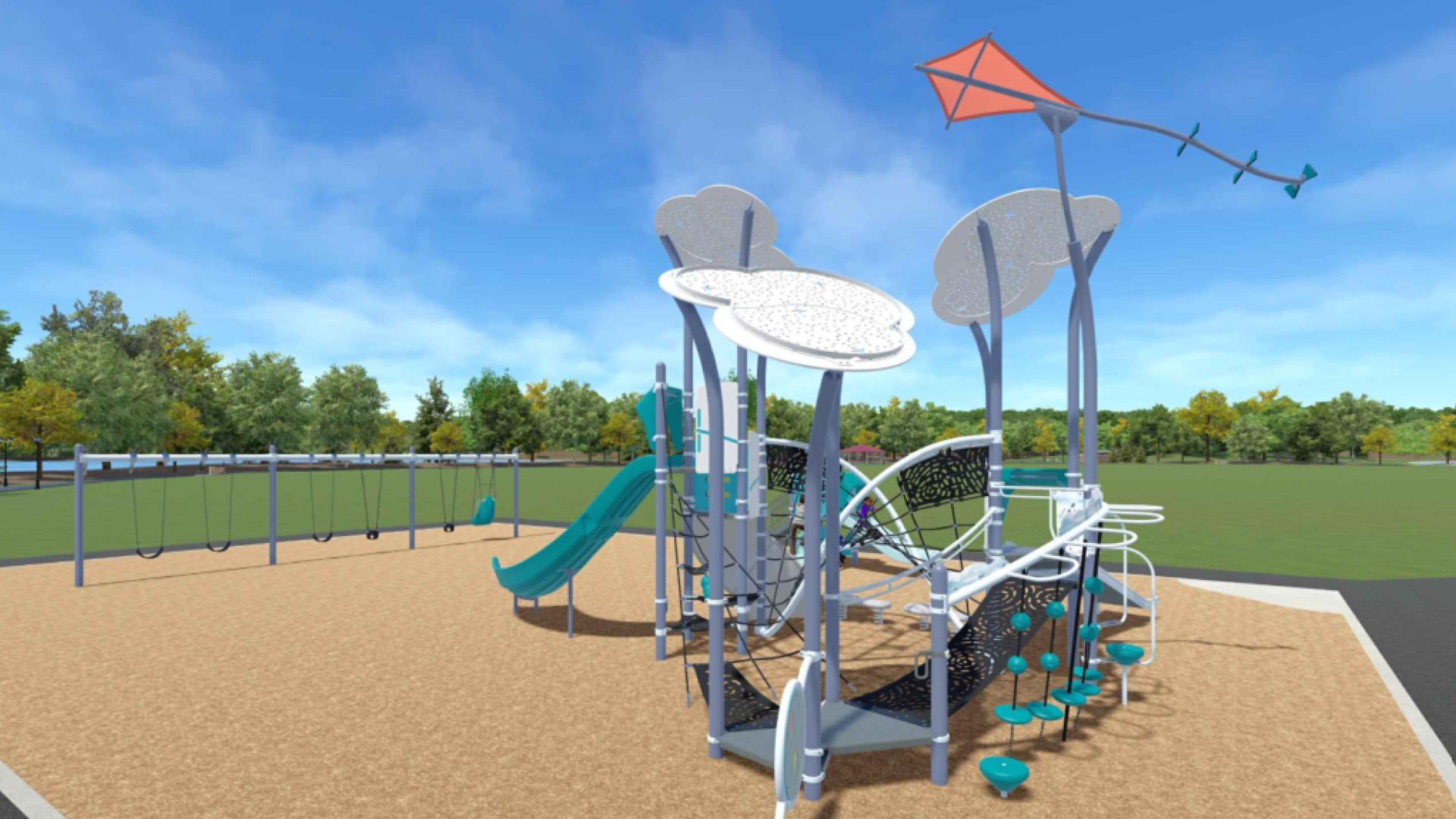 Rendering of new playground equipment with slides, swings, and climbing features