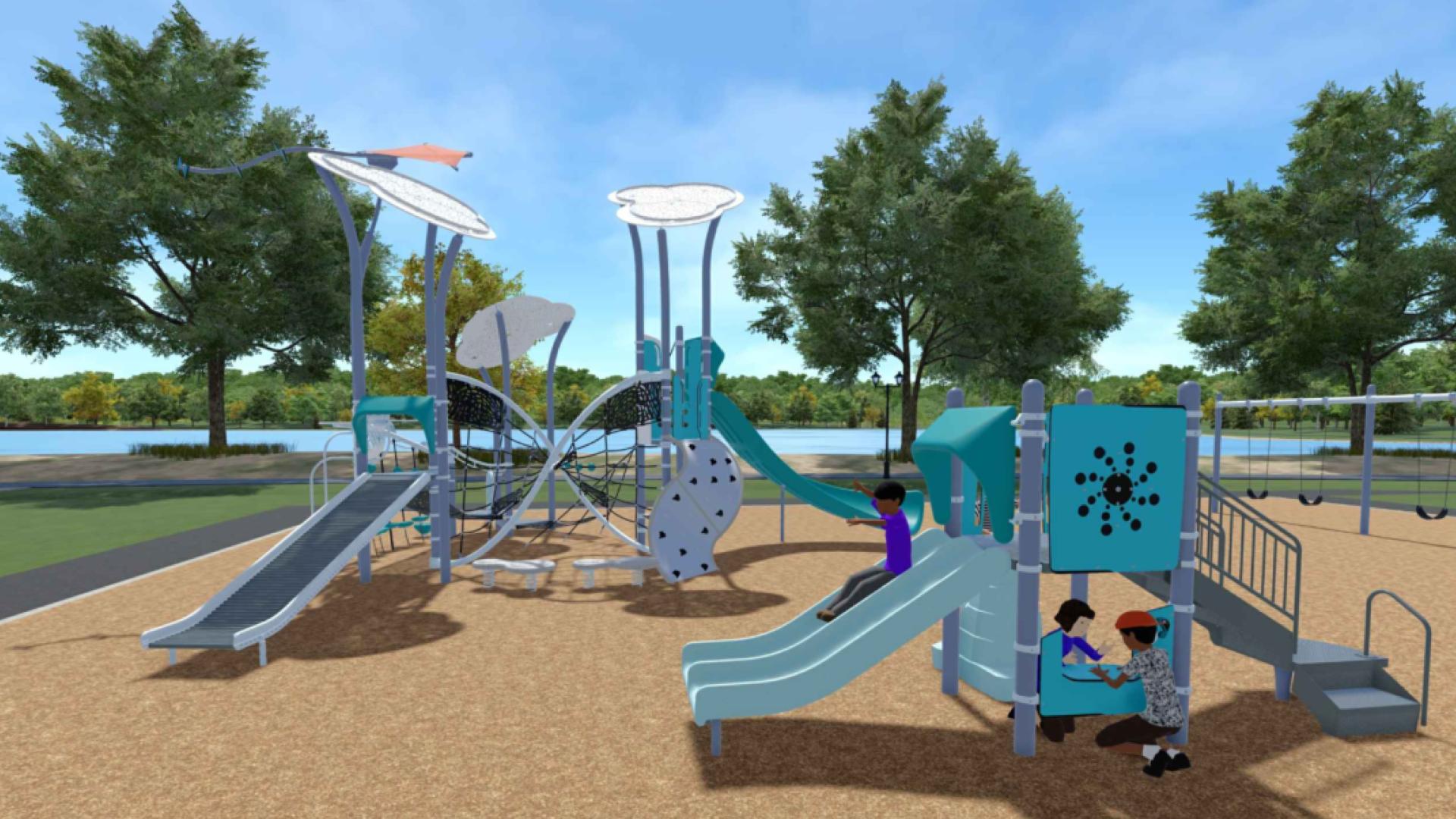 Rendering of new New junior and senior playground equipment with slides and climbing features