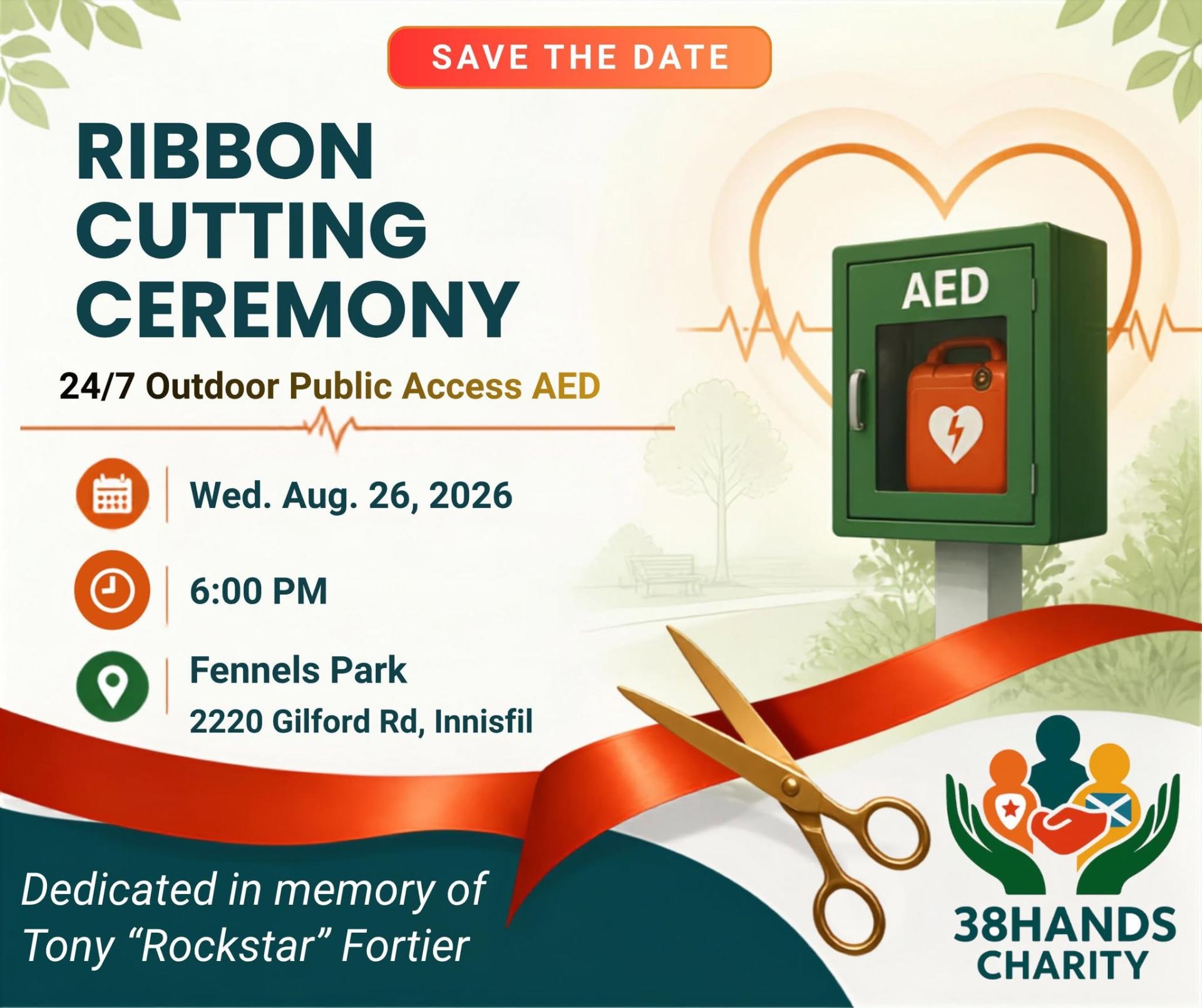 AED Ribbon Cutting on August 26 at 6 pm at Fennells Park