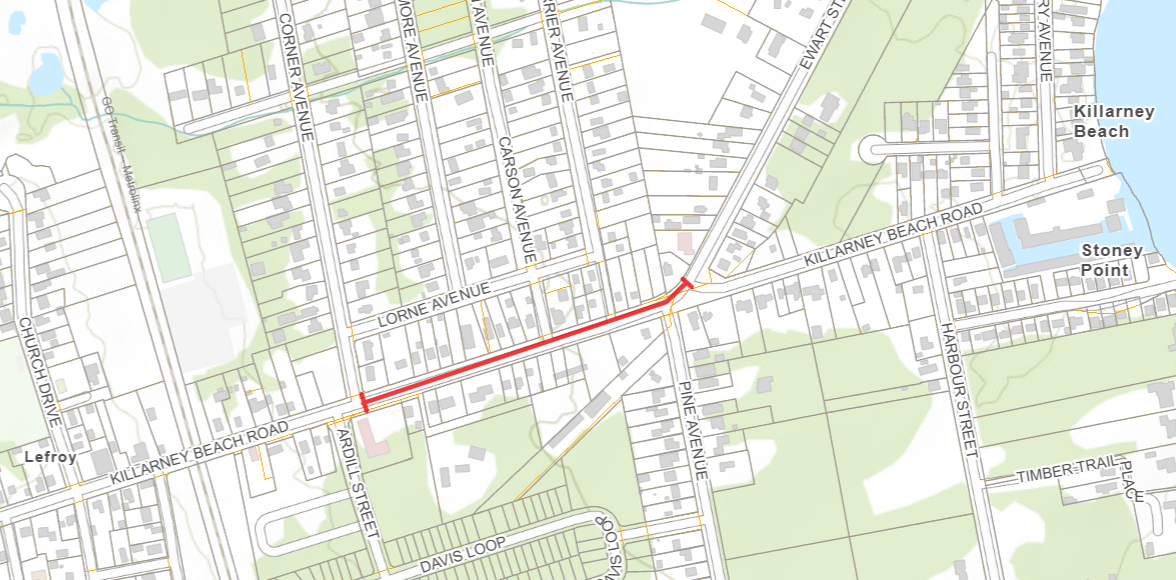 Road closure map showing KBR between Corner Avenue to Ewart Street