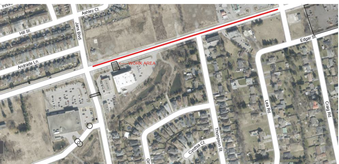 Road closure map showing Innisfil Beach Road between Jans Blvd and Adullum Ave