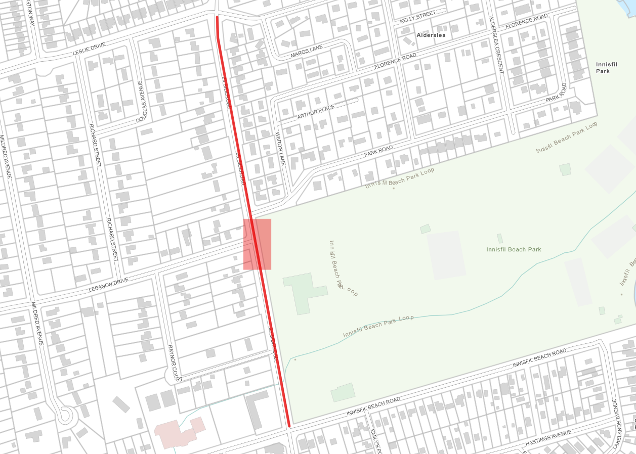 Map of 25th Sideroad closure from Innisfil Beach Road to Leslie Drive