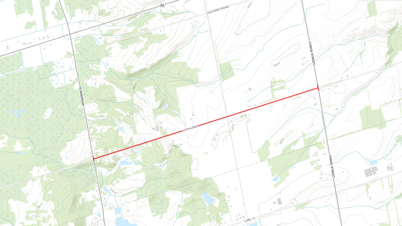 Road closure map of 14th Line from 10 Sideroad to Yonge Street