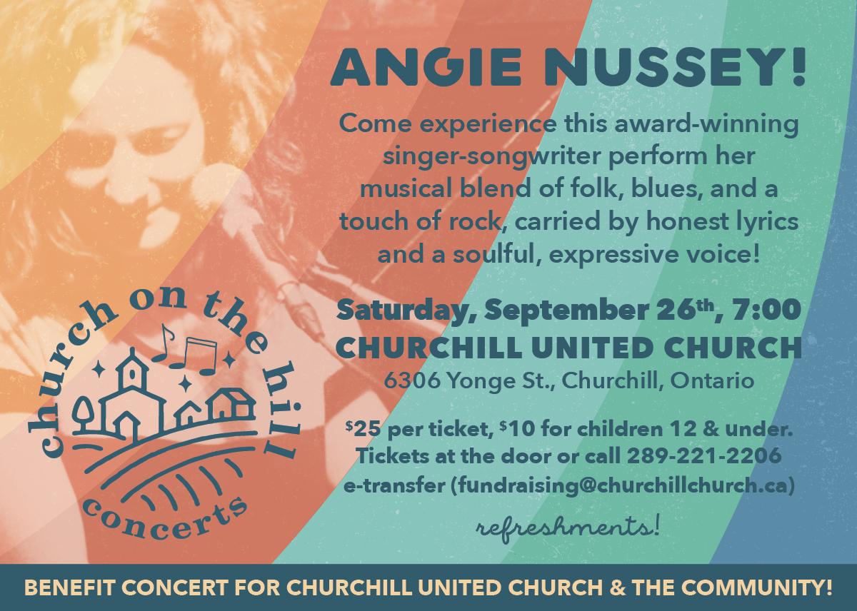 Concert at Churchill United Church on September 26 at 7pm featuring Angie Nussey