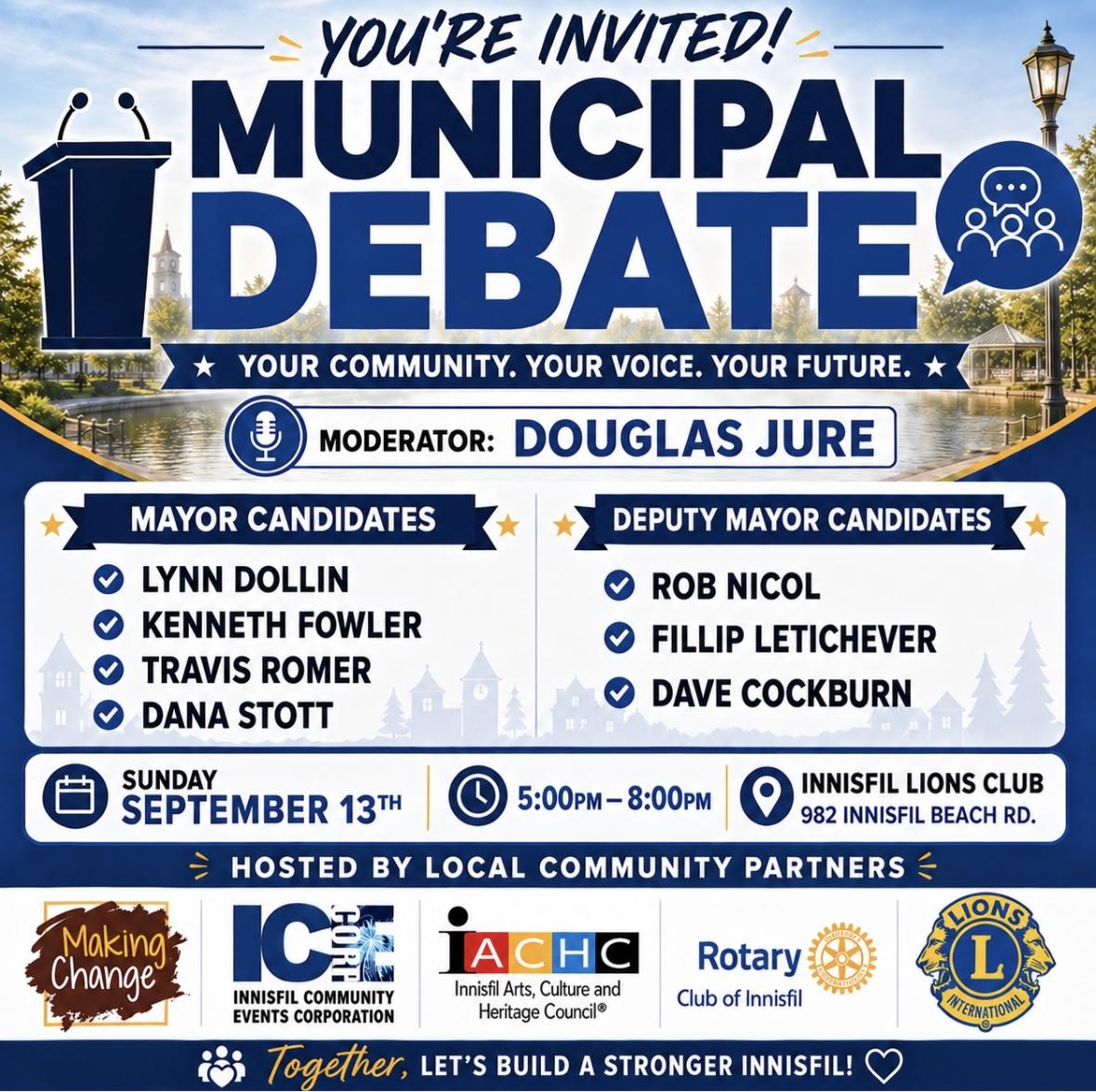 Municipal Debate on September 13 from 5-8 pm at Lions Club