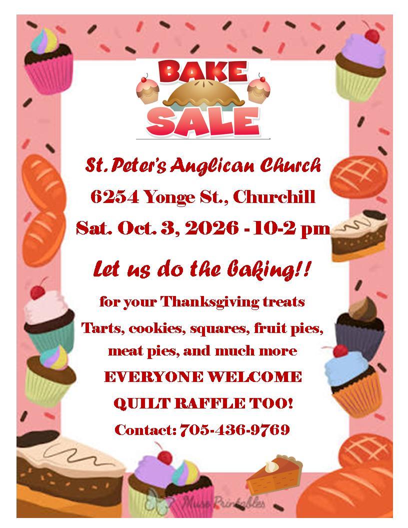 Bake sale on October 3 from 10 to 2 at the Churchill Church