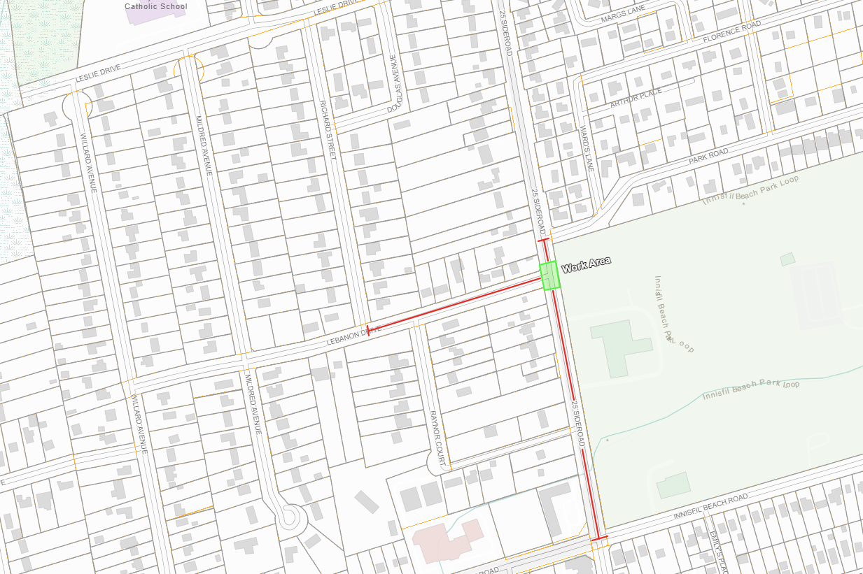 Road closure map on 25th Sideroad at the intersection of Lebanon