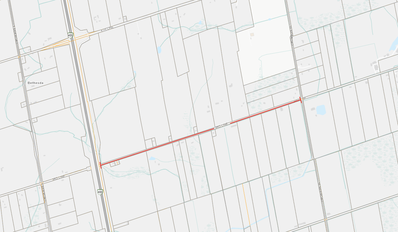 Map of the road closure along 3rd Line