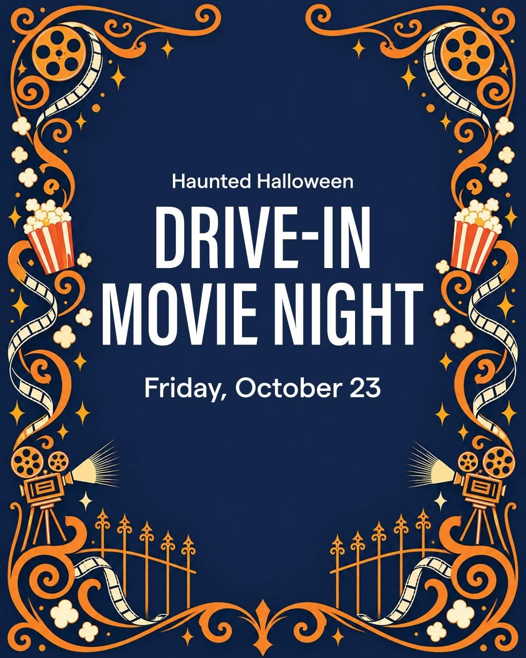 Illustrated gothic gate opening up to "Haunted Halloween Drive-in Movie Night"